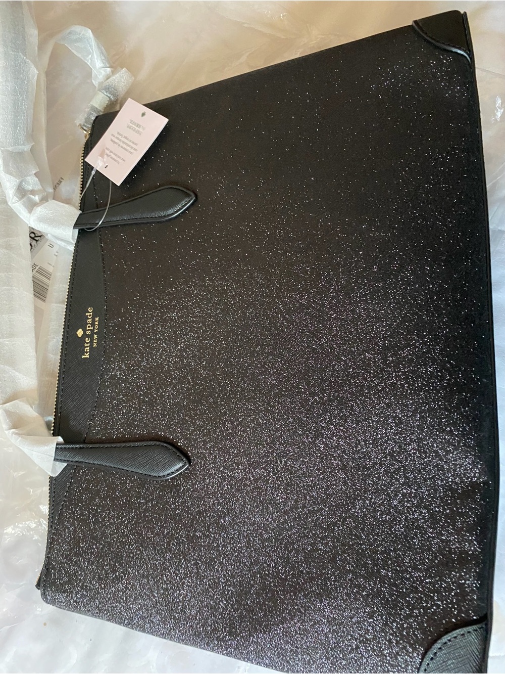 kate spade black glitter tote with gold logo